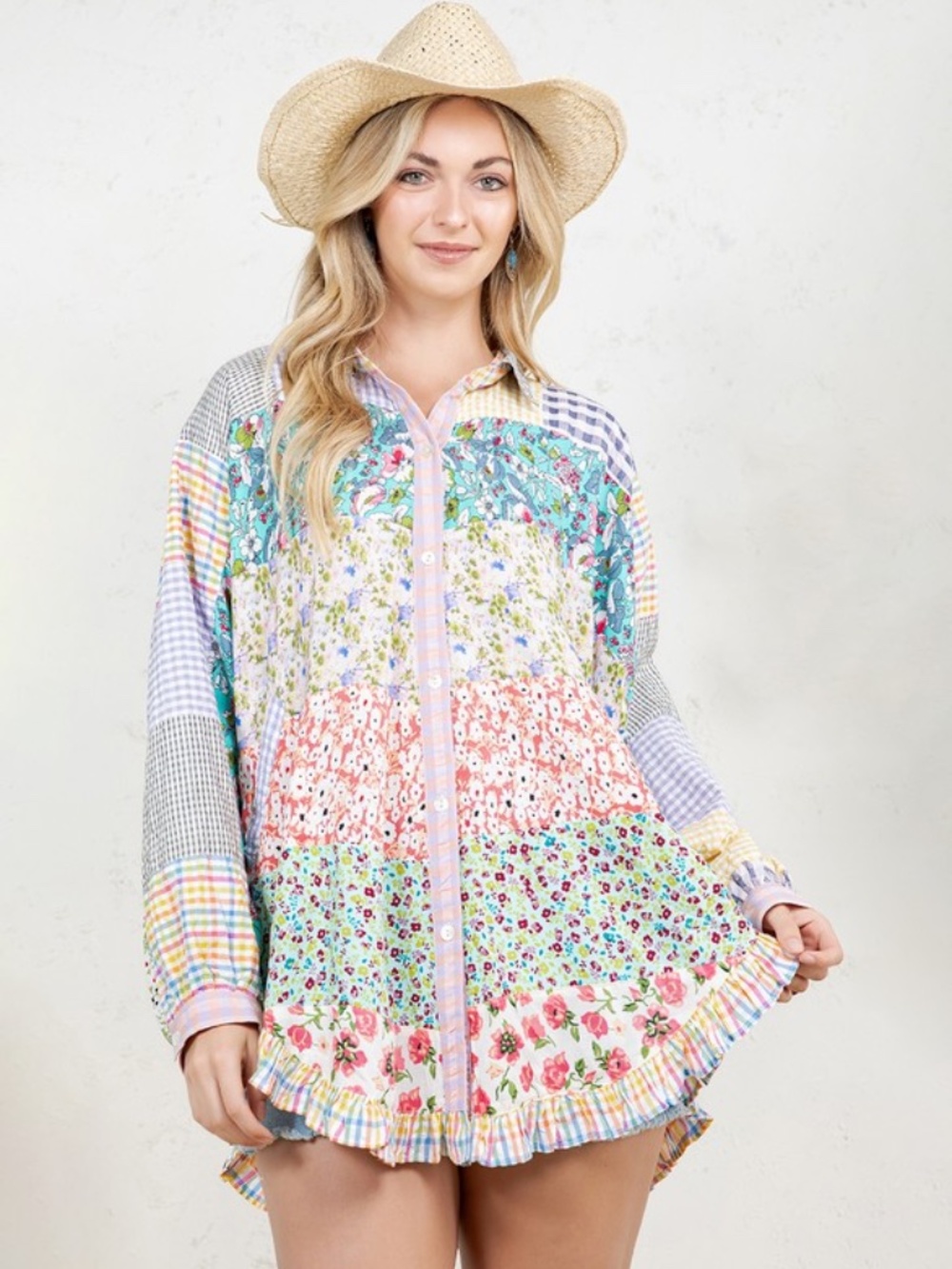 "The April" Oversized Spring Floral Ruffle Edge Top with Pockets
